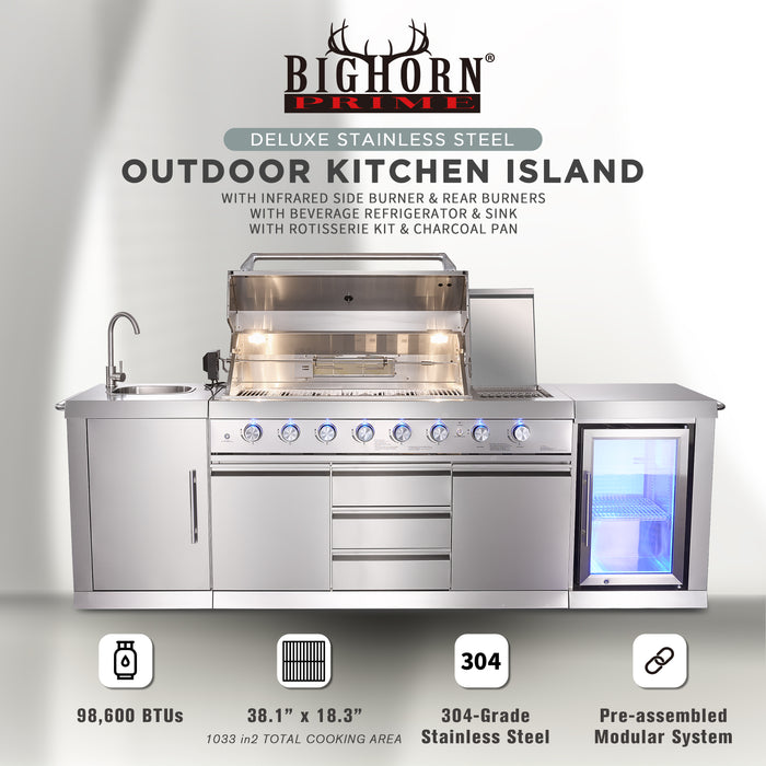 Big Horn 6-Burner Propane Gas Grill Island with Outdoor Rated Refrigerator